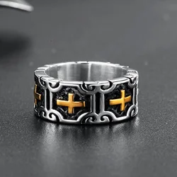 Valily Classic Retro Christian Jesus Cross Ring Stainless Steel Christian Believers Punk Rock Men's Round Rings Band Jewelry