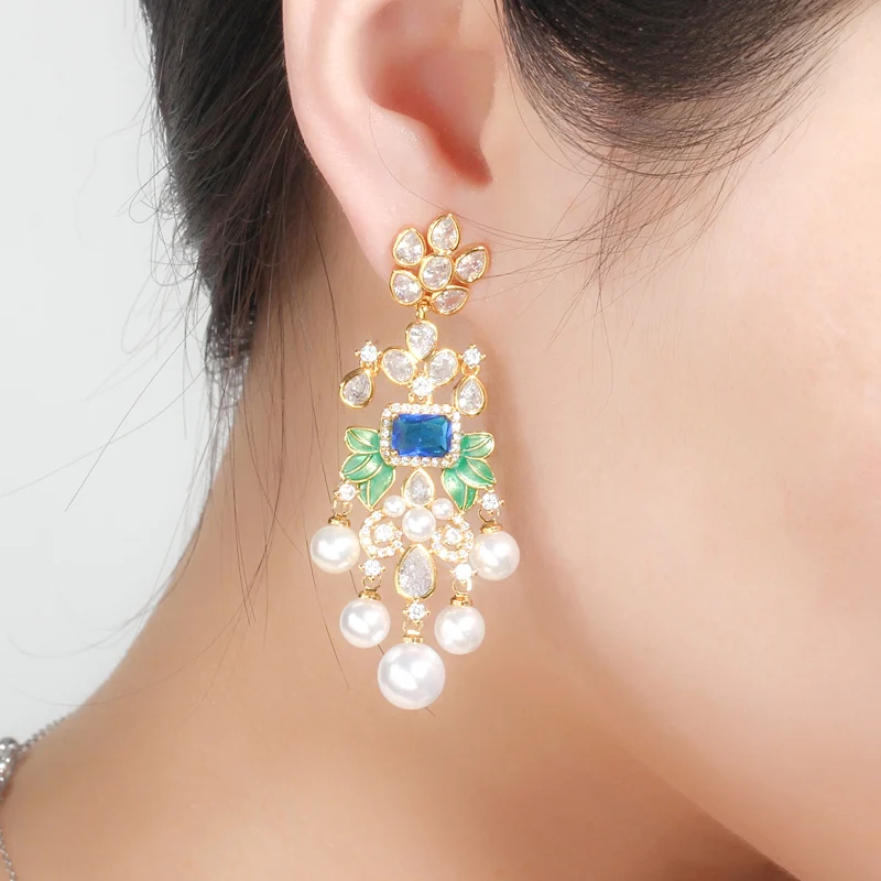 CWWZircons Blumen Zirkon Lange Hängeohrringe mit Perlen für Frauen Afrikanische Brautohrringe aretes de mujer modernos Großhandel E0375 – Detail 3