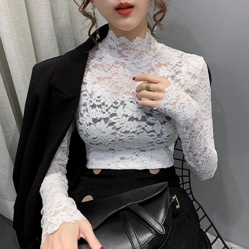 2020 Spring Autumn Women Sexy Blouse Female Half High Collar Bottoming Shirt Feminine Slim Lace Mesh Beauty Tops