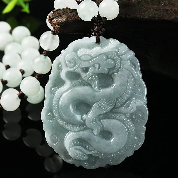 Admirable Myanmar jadeite Dragon Amulet pendant Mala Bead Hanging Necklace Talisman