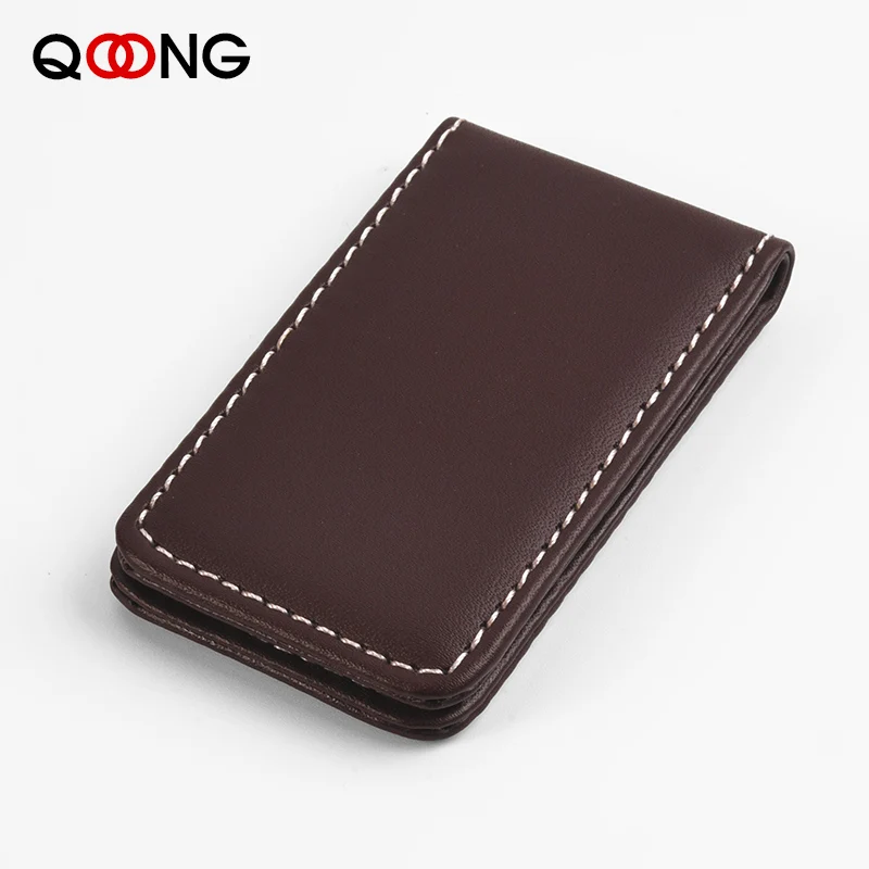 QOONG Money Clip Wallet Slim Men Women Vintage Strong Magnet Money Clip Cow PU Leather Pocket Clamp Credit Card Cash Case Holder