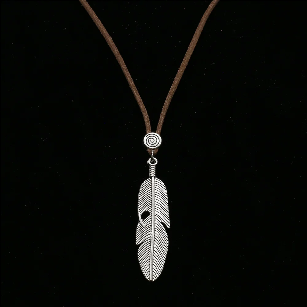 Trendy Boho Custom Sweater Chain Choker Long Leather Necklace Skull Feather Pendant Men Necklace Women Jewelry bijoux femme