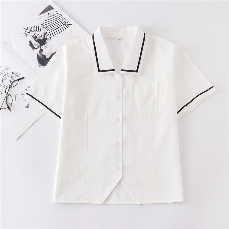 2021 New Short Sleeve Sailor Suit Shirt JK Uniform Basic Tops Sweet Japanese School Dress For Grils High Waist Tops Work Clothes