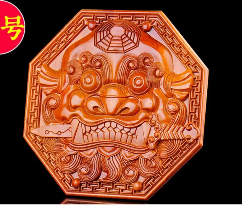 Wood Beast Head Bagua Mirror Pendant Feng Shui Home Living Room Decoration