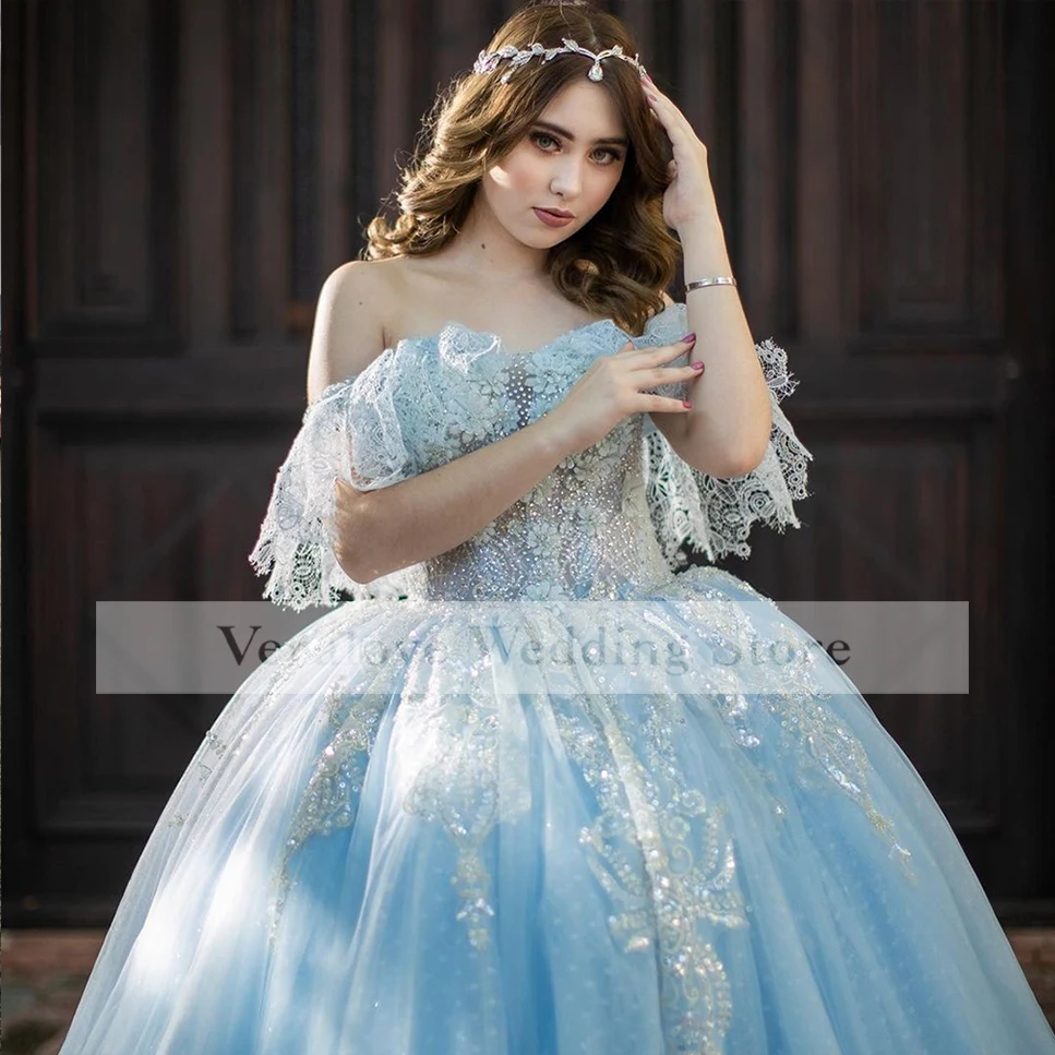 New Light Blue Sweet 16 Ball Gown Quinceañera Dresses Appliques Beads Off Shoulder Vestido De 15 Anos Quinceanera 2021