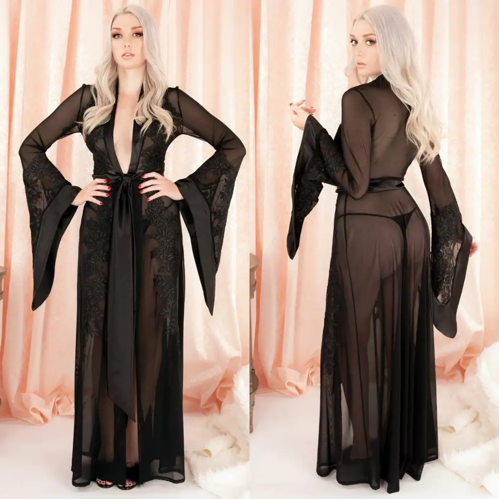 See Through Black Nightgowns Lace Appliques Long Sleeve Party Sleepwear Celebrity Night Robes Custom Made