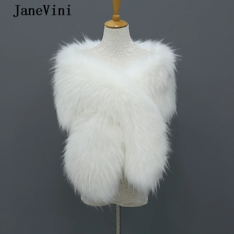 JaneVini 2020 Elegant Women Shawls Wedding Cape Braut Bolero Winter Bridal White Wraps Faux Fur Shrug Warm Wedding Jacket Cloak