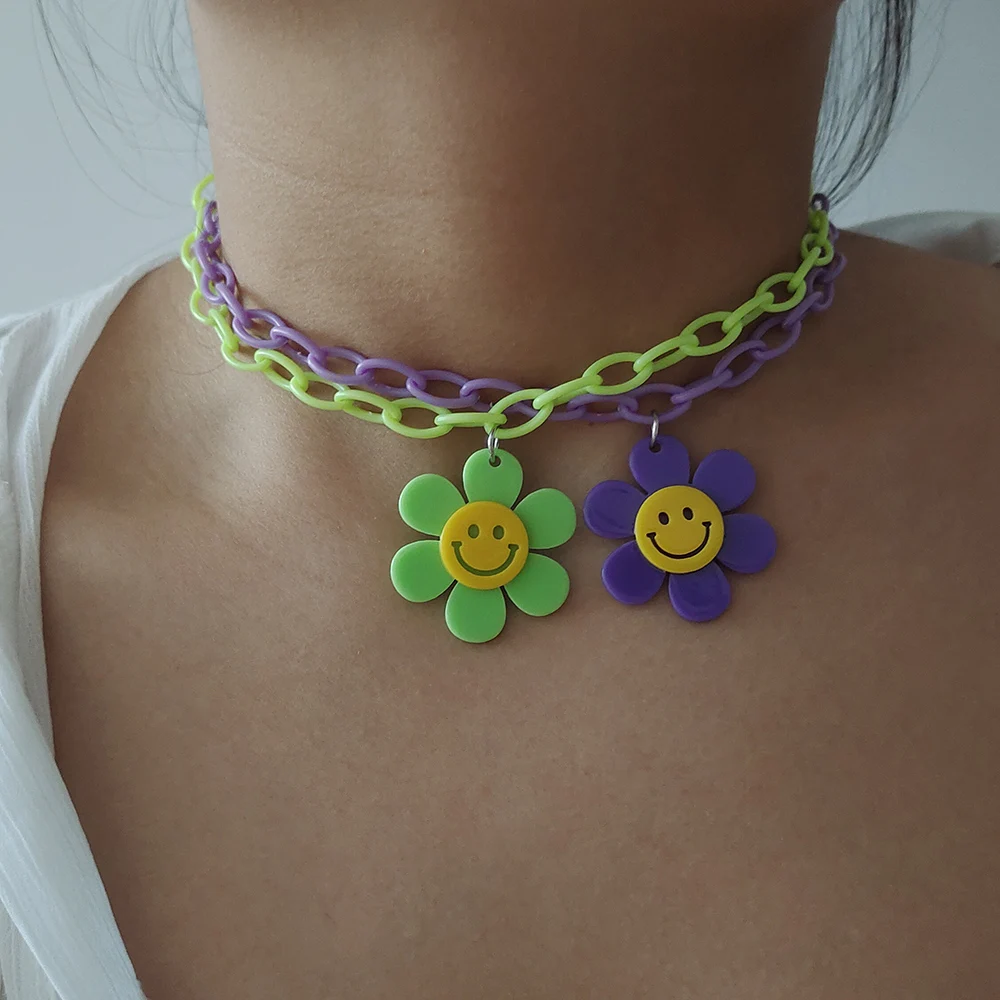 ZX New Large Sunflower Face Pendants Necklace for Women Handmade Acrylic Chain Chokers Necklace Girls Fashion Jewelry Wholesale