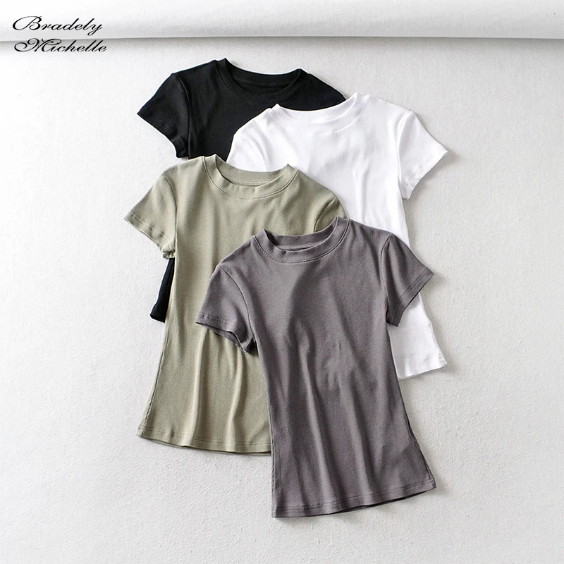 BRADELY MICHELLE Summer Women Basic O-neck Short-sleeve T-shirt Slim Elastic Basic Tees