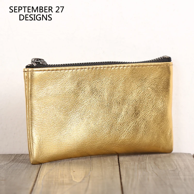 Zipper Wallet Ladies Genuine Leather Luxury Handmade Men Storage Credit Card Pouch Casual Storage Coin Purses Cowskin Gold Color