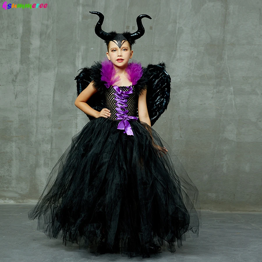 3PCS Halloween Costume Dress Deluxe Girls Fancy Christening Black Glam Gown Tutu Dress Kids Demon Queen Sorceress Clothing