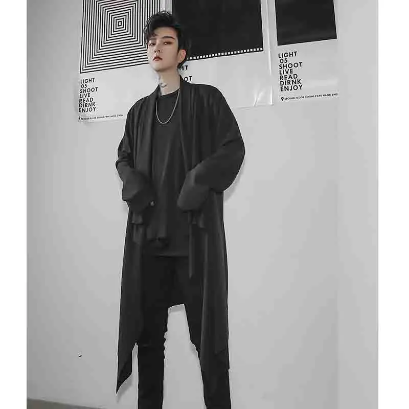 Men's cardigan spring and autumn long loose windbreaker men's casual coat shawl youth trend black large size