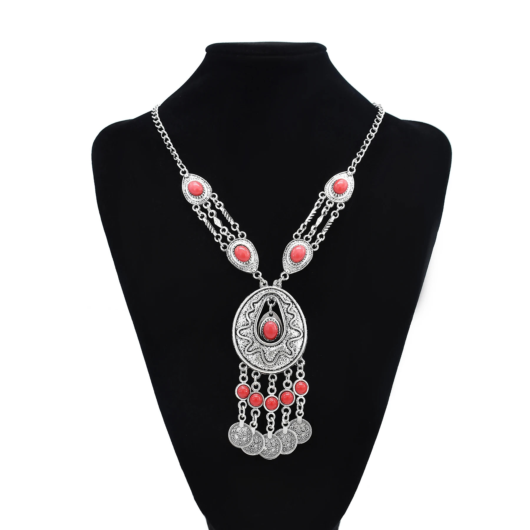 Afghan Vintage Silver Color Metal Geometric Necklaces for Women Female Black Blue Stone Leaf Tassel Necklace Turkish Jewelry