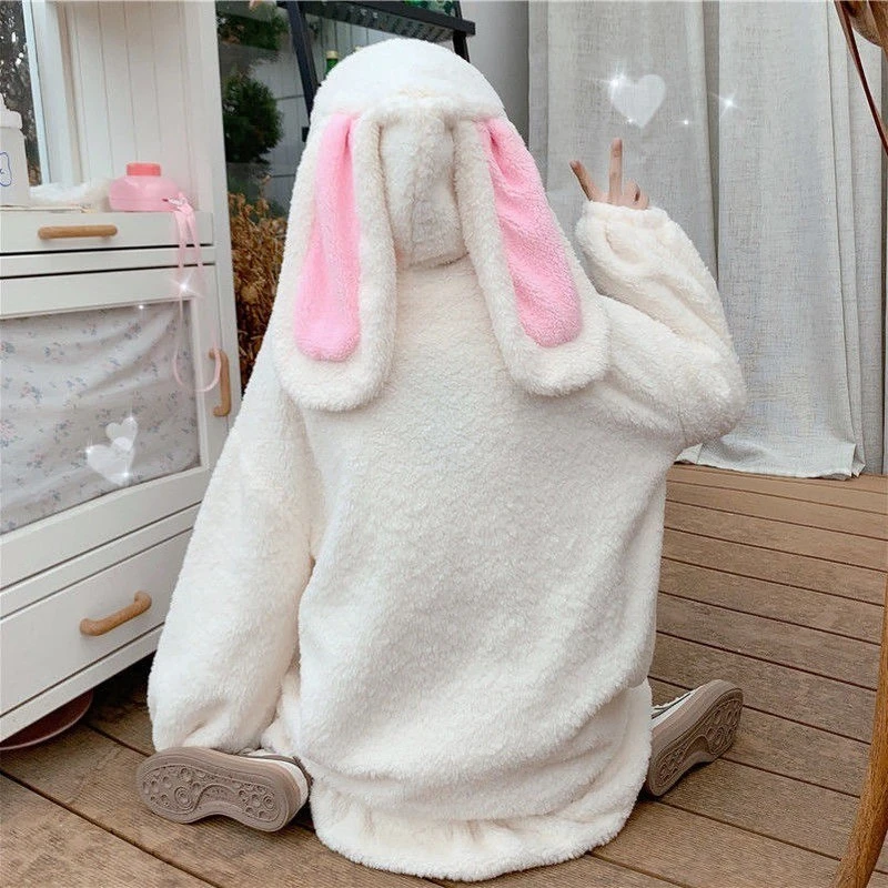 

Hoodies Women Plus Size Solid Zip-up Long Lantern Sleeve Hooded Rabbit Ears Cute Sweet Girls Harajuku Style Warm Baggy Hoodies