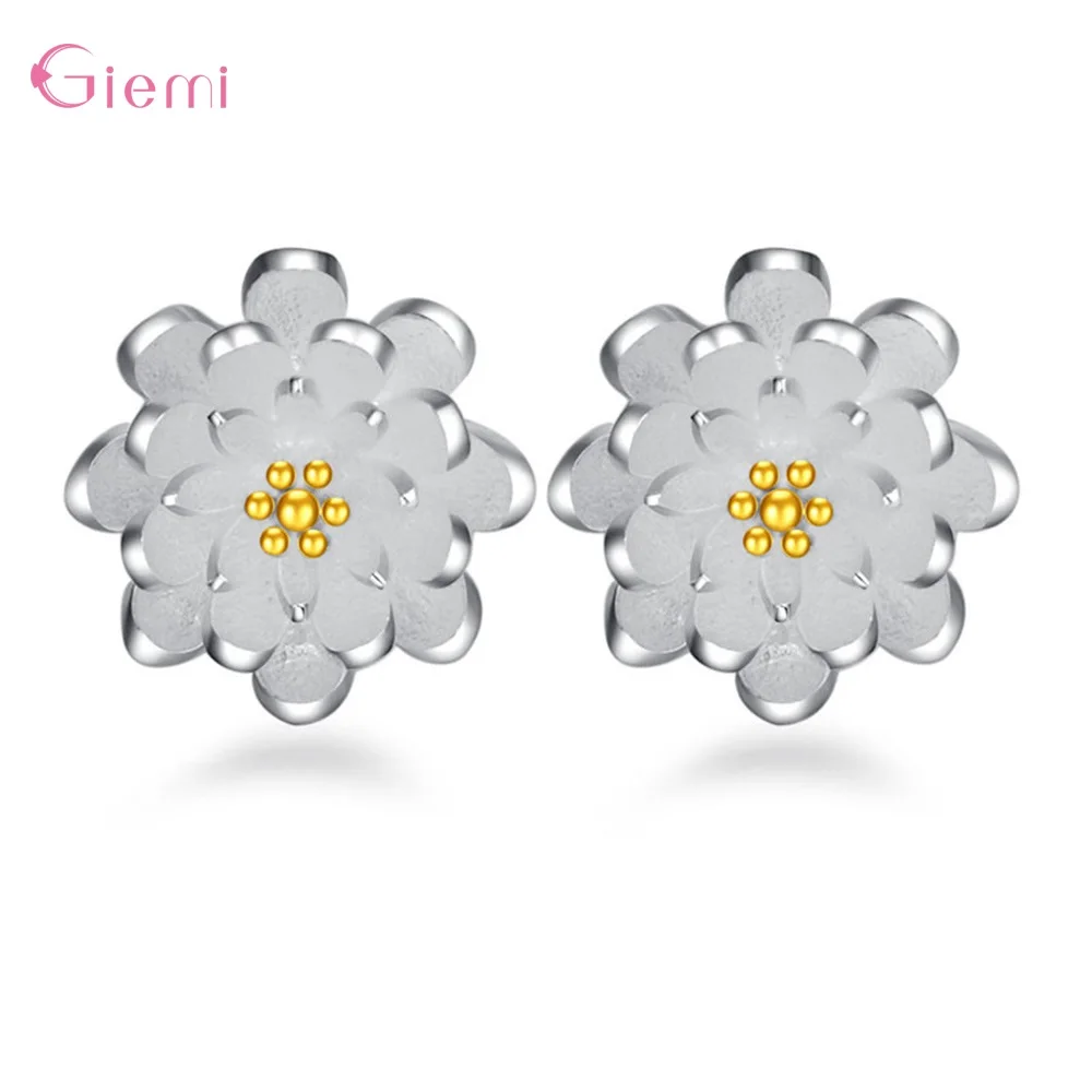 Hot Sale Fashion 925 Silver  Stylish Luxury Lotus Flower Stud Earrings For Women Birthday Female Jewelry Ear Decoration