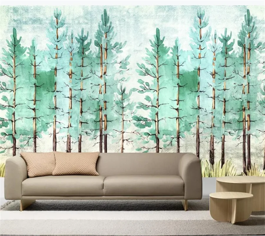 wellyu Custom large mural Nordic watercolor painting simple electric green forest view background wallpaperpapel de pare