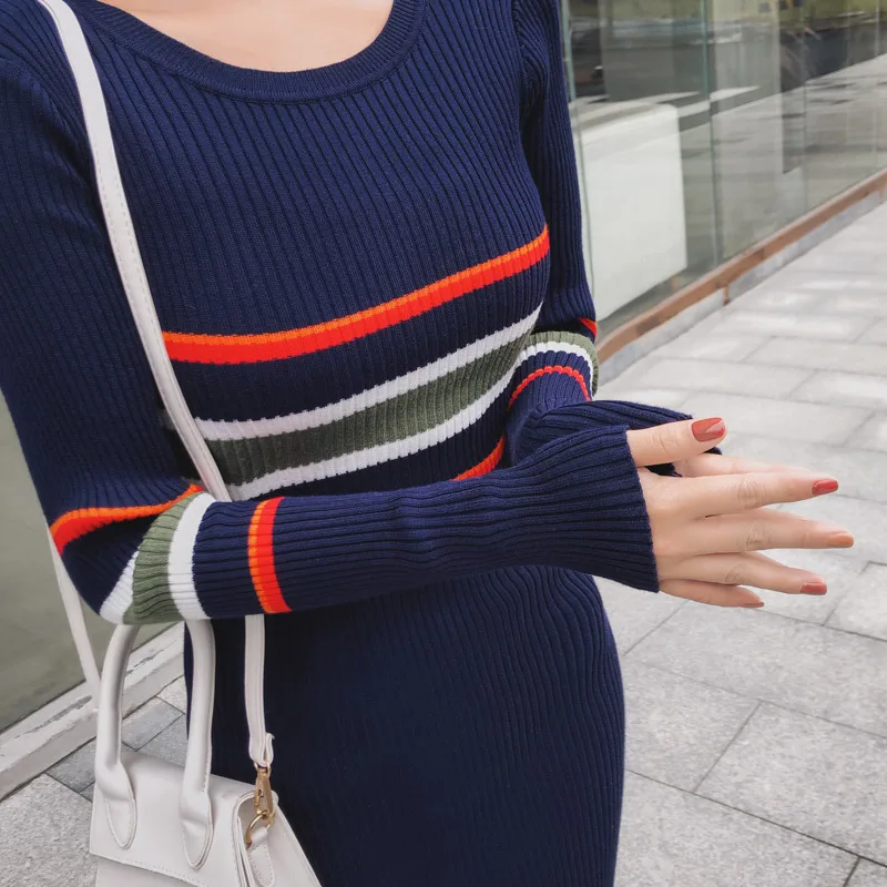 Drucken Striped Mantel Bodycon Gestrickte Kleid Frauen Lange Hülse Beiläufigen Frauen Kleider Neue Ankunft 2019 Runway Kleider Hohe Qualität