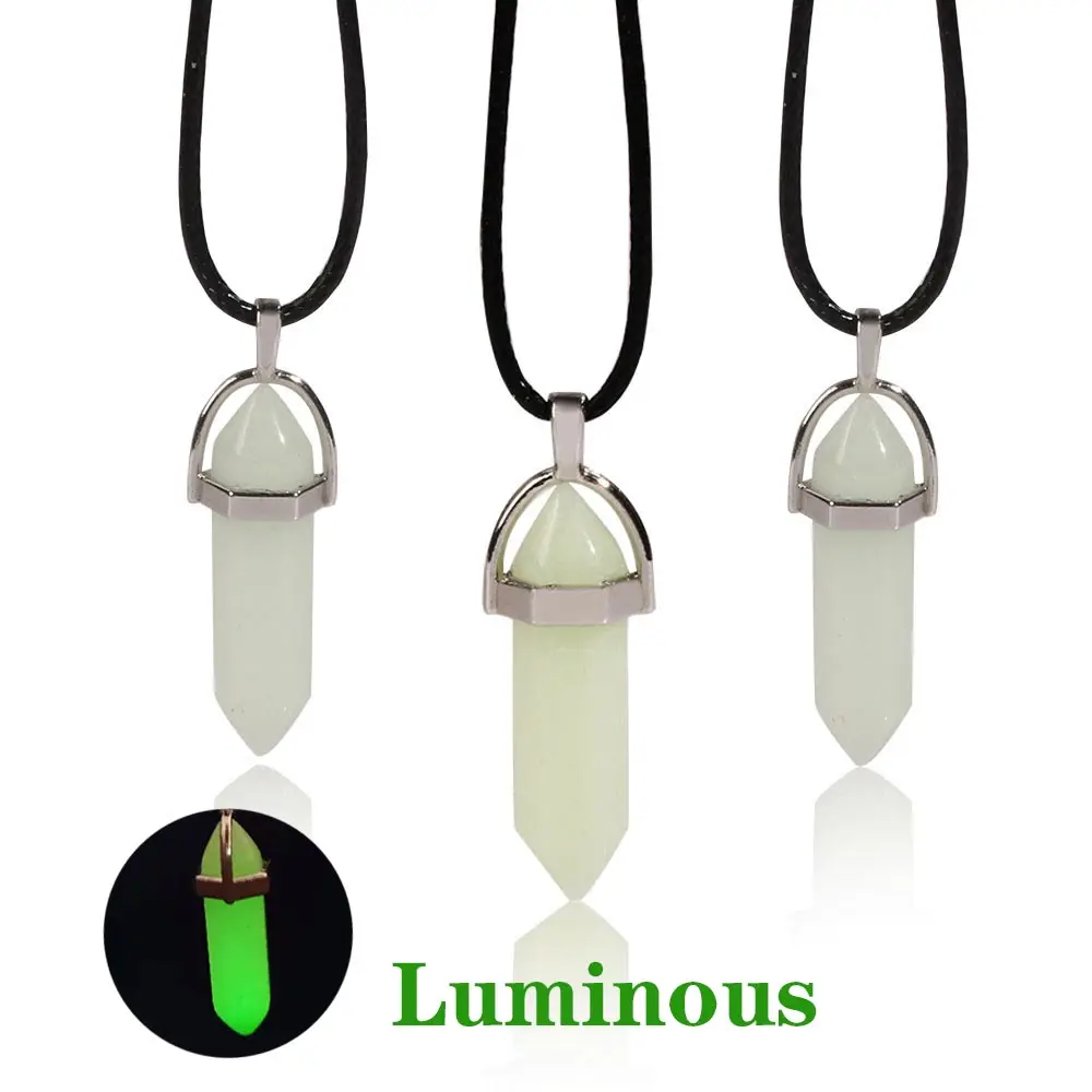 Trendy Dark Luminous Stone Fluorescent Hexagonal Column Necklace Crystal Glowing in Dark Bullet Pendant Choker Leather Chain