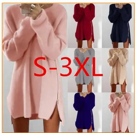 Women Long Sleeve Autumn Winter Knitted Zippers Side Jumper Sweater Dress Loose Tunic Baggy Dresses