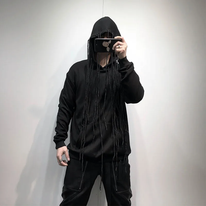 2021 New Long Sleeve Sweater Hooded Personalized Tassel Loose Fashion Men's Black Slim Fitting Sweater New In Spring And Autumn