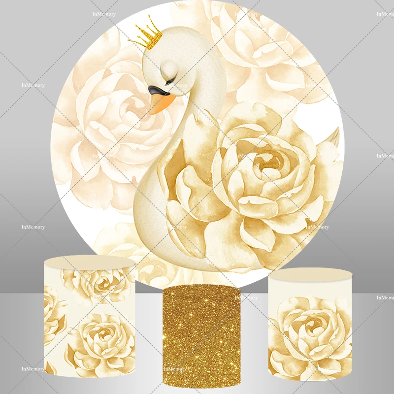 

Happy Birthday Party Circle Backdrops Golden Swan Princess Girl Photography Background Decor Table Plinth Covers