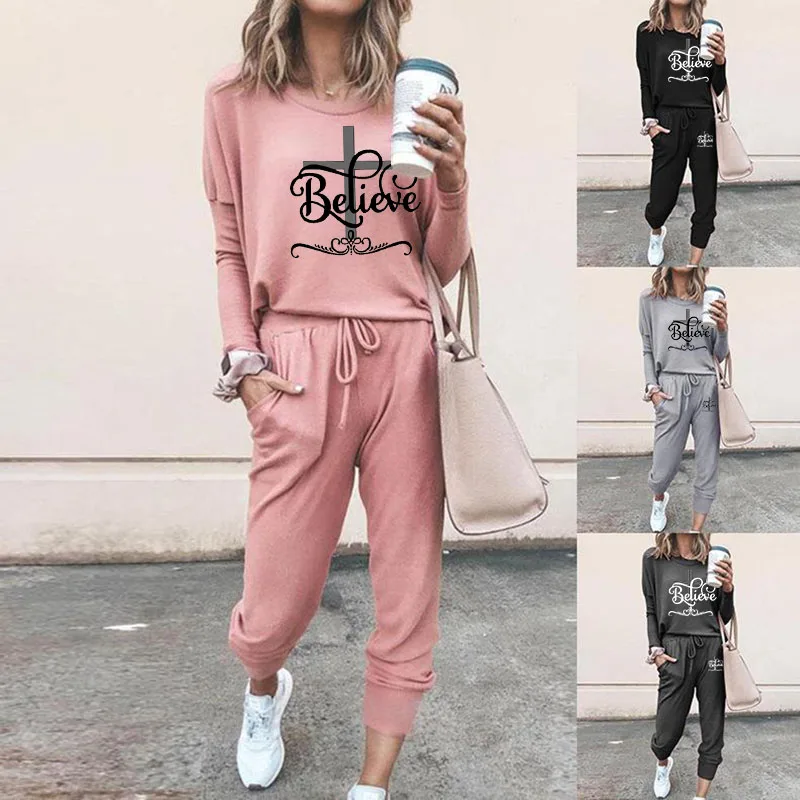 

Women's Winter Suit Believe Cross Print Trend Pattern 2pcs Sport Pullover Solid Color Casual Fashion Women Clothing Ladies Suit