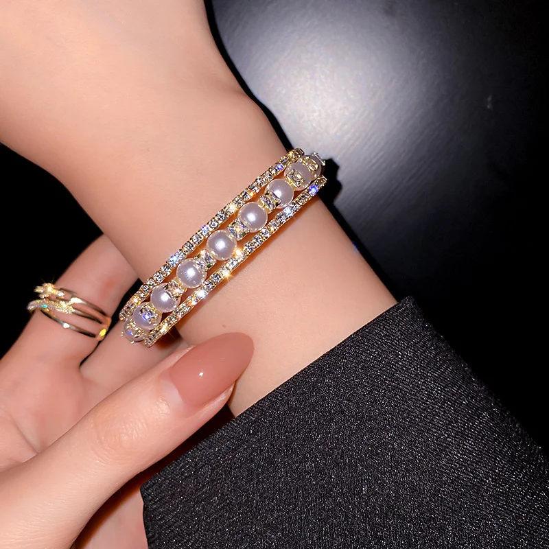 FYUAN Geometric Multilayer Rhinestones Bracelet & Bangles For Women Pearl Cuff Bracelets Weddings Jewelry
