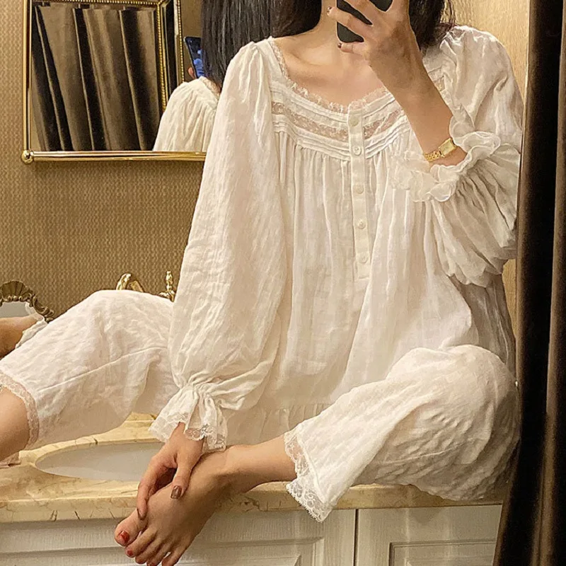 Vintage Pure Cotton Women\'s White Pajamas Sets Girls Loose Cute Sleepwear Suits Gifts For Lady Homewear