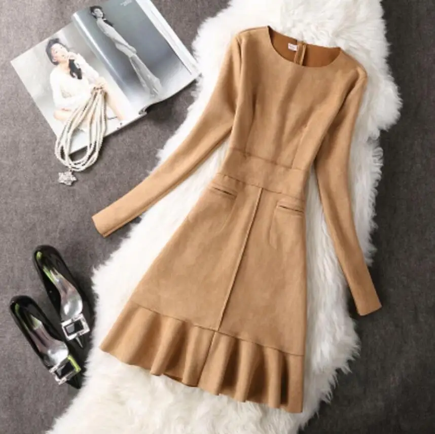 New Winter Fashion Slim Women Suede Dress Long Sleeve Elegant Casual christmas dress party dresses vestidos