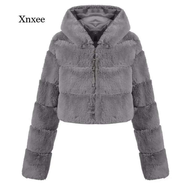 Women Hooded Coats Furry Cropped Faux Fur Winter Fluffy Top Jackets Female Thick Warm Patchwork Jacket Vintage Manteau Femme Top