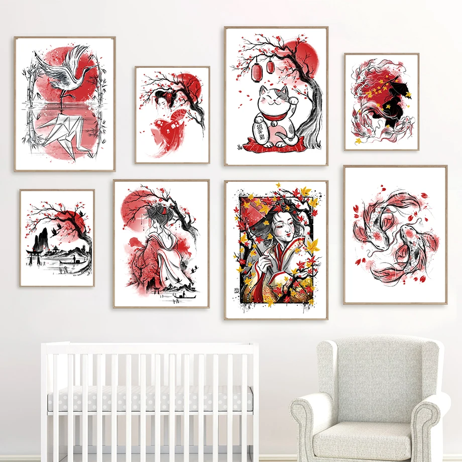 Japanese Koi Gru Dream Red Geisha Daruma Sakura cat Posters Canvas Painting Wall Art Prints Nordic Style Kawaii Room Decoration