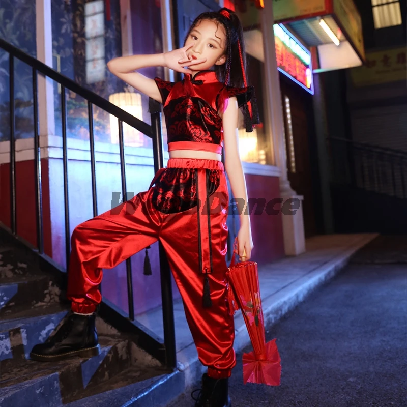 

New Chinese Style Jazz Costume Hip Hop Girls Clothing Tops Pant Set Kid Performance Modern Dancing Clothes