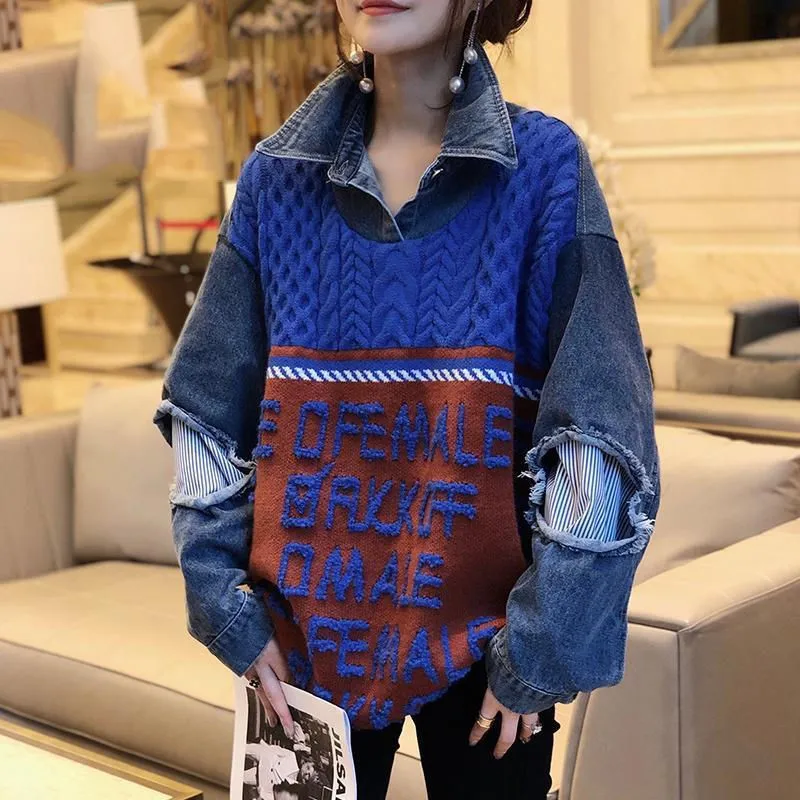 

New Arrival Autumn Women Loose Casual Long Sleeve Turn-down Collar Pullovers Letter Print Patchwork Cotton Denim Hoodies W727