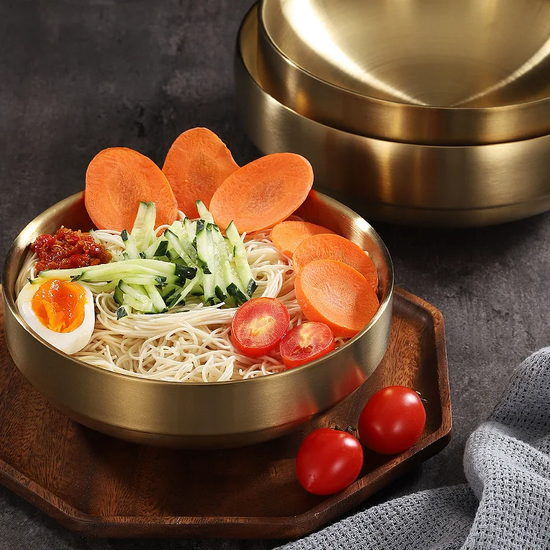 

Stainless steel golden instant noodle bowl, Lamian Noodles bowl, double Korean noodle bowl, noodle bowl, oversized soup bowl.