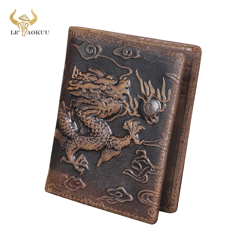 Hot Sale Male Female Men Crazy Horse Leather Vintage Designer Dragon Emboss Simple Standard Slim Wallet Handy Purse Men 1010