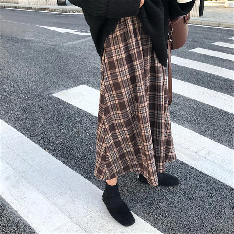 New Japanese Harajuku Autumn Winter Women Midi Skirt High Waist Plaid Female Saias Korean Ulzzang Streetwear Elegant Long Skirts