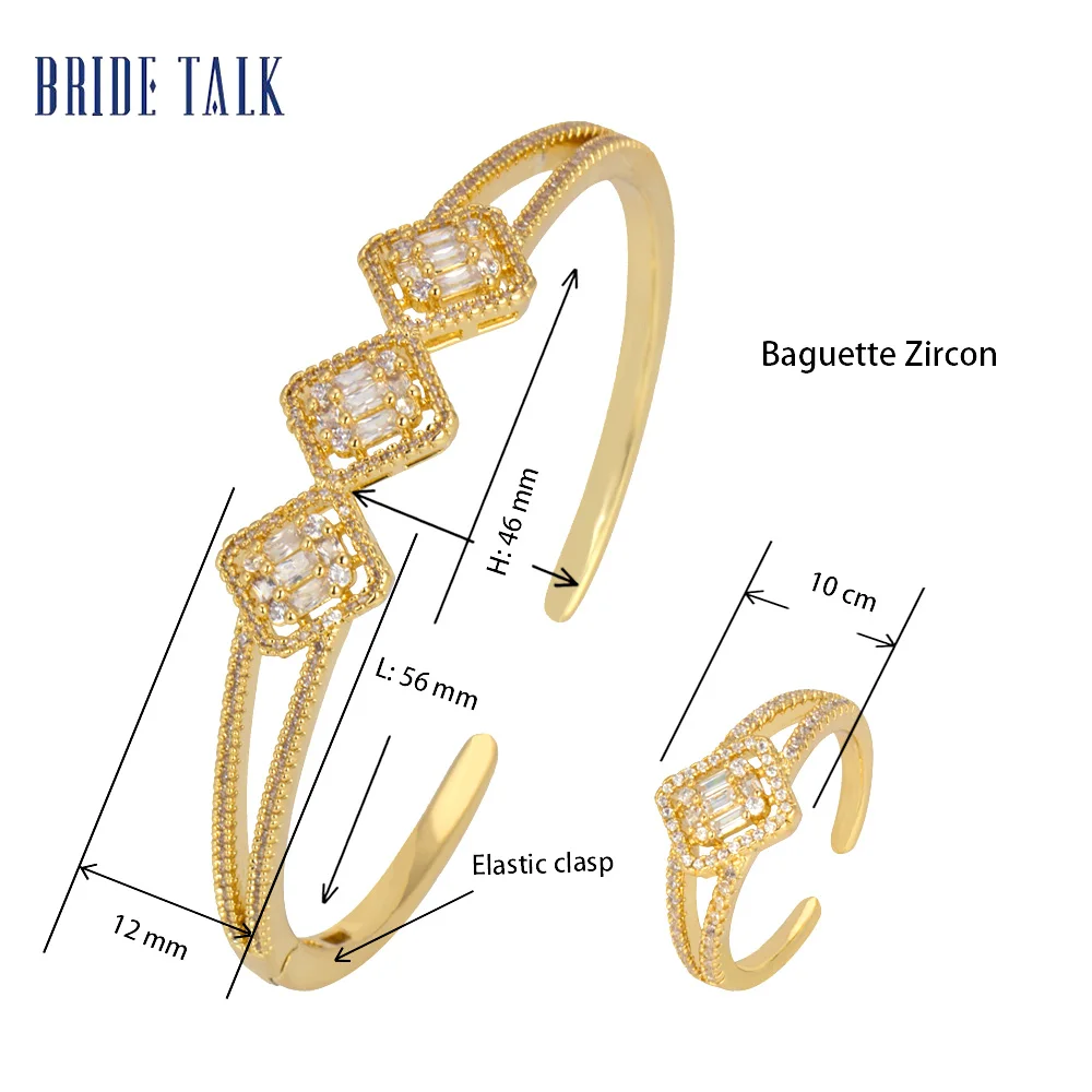 BrideTalk Luxury Jewelry Wedding Cuff Bracelets Micro Paved Baguette Cubic Zircon Adjustable Bangle Ring Sets Free Size