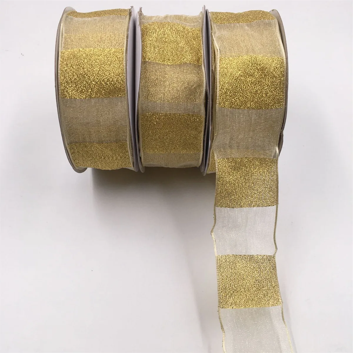 

25YARDS 38MM Wired Metallic Organza Ribbon with Golden Stripes Ribbon for Birthday Decoration Chirstmas Gift DIY Wrapping 1-1/2"