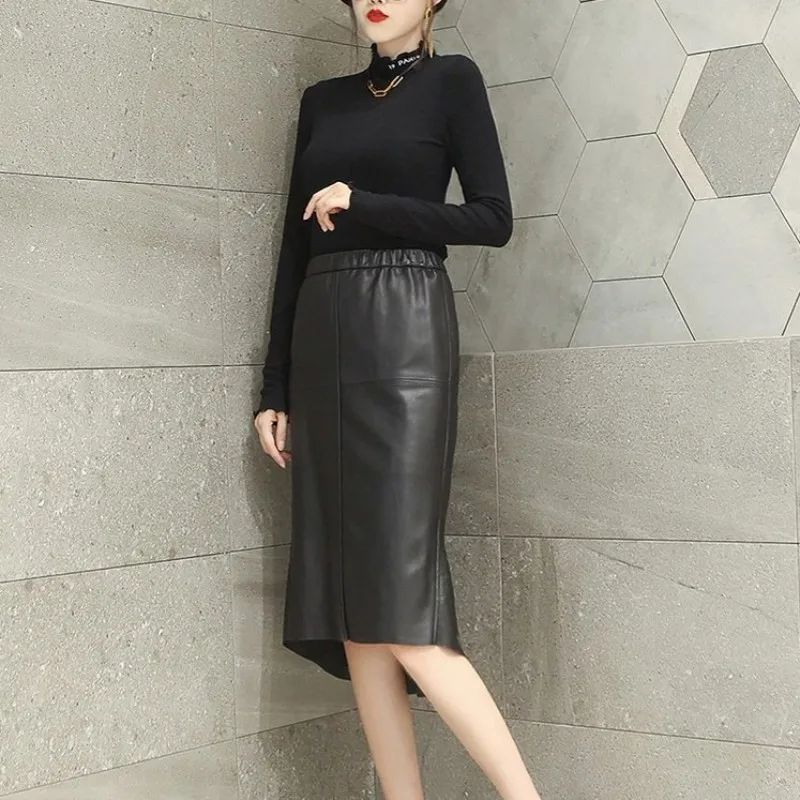 Women Genuine Leather Mermaid skirt Elastic High Waist Slim Office Ladies Wrap Skirts Knee Length Elegant Female Sheepskin Skirt