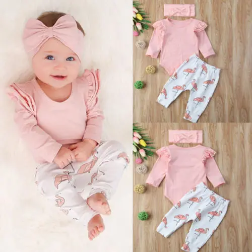 Cute Infant Baby Boys Romper Flying Sleeve Tops + Long Pants Flamingo Headband 3PCS Clothes Set Cute Outfits