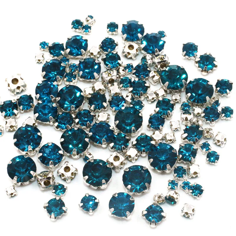 Free shipping 100pcs/pack Mixed size Peacock blue glass crystal sliver base sew on rhinestones diy apparel accessories