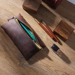 Fromthenon skóra Crazy Horse Retro Zipper piórnik przenośna pamięć masowa torba o dużej pojemności piórnik konfigurowalne prezenty biznesowe