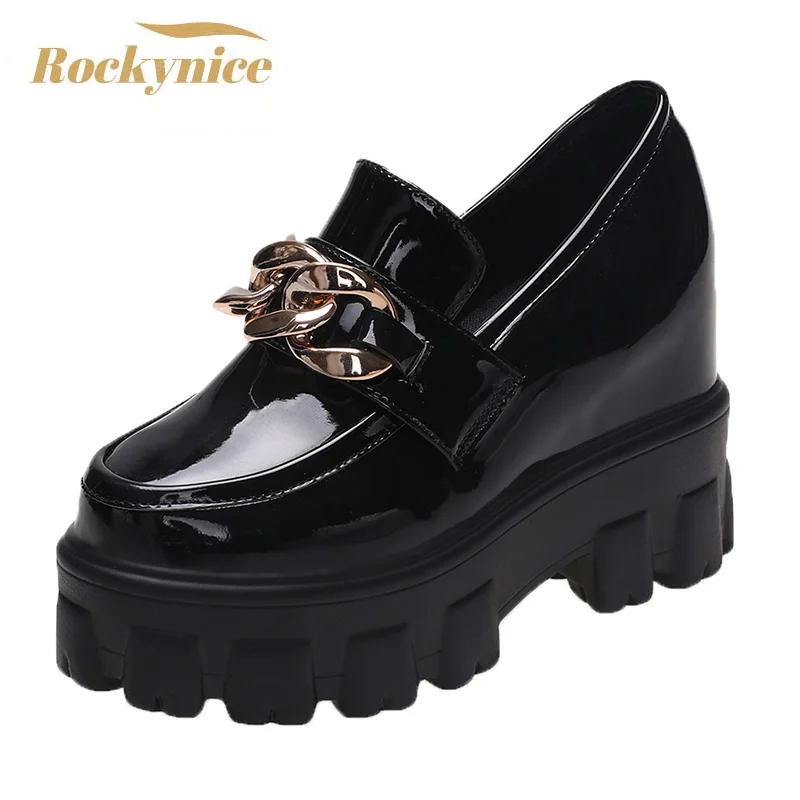 New 2021 Autumn Women Patent Leather Chunky Sneakers Breathable Chain High Heels British Style Platform Casual Shoes Woman 10cm