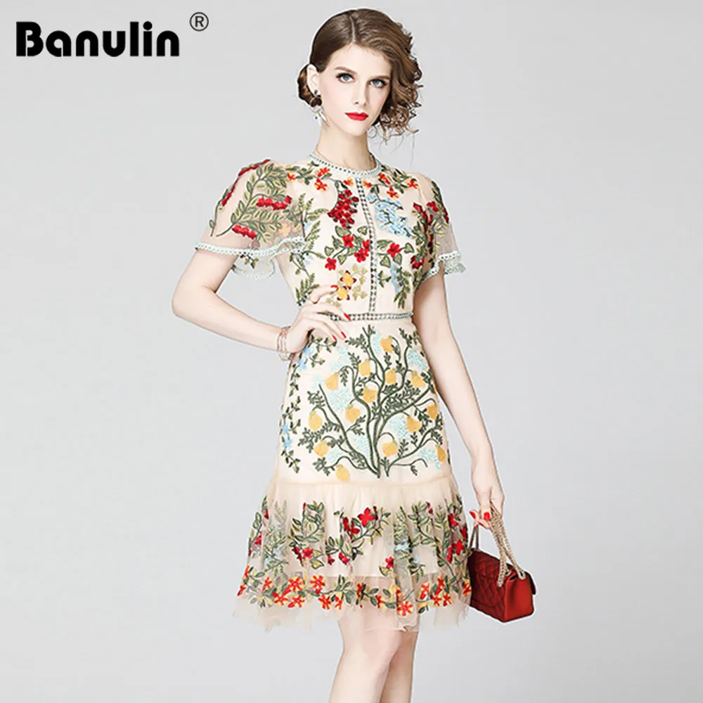 

Banulin Fashion Designer Runway Dress Summer Women's Short Sleeve Floral Embroidery Elegant Lace Bodycon Ruffles Short Dresses