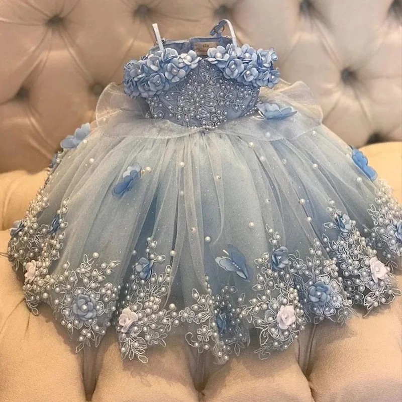 Vestido de tul con perlas de color azul cielo claro para niña, vestidos de baile para fiesta de boda, longitud hasta el suelo, primera comunión