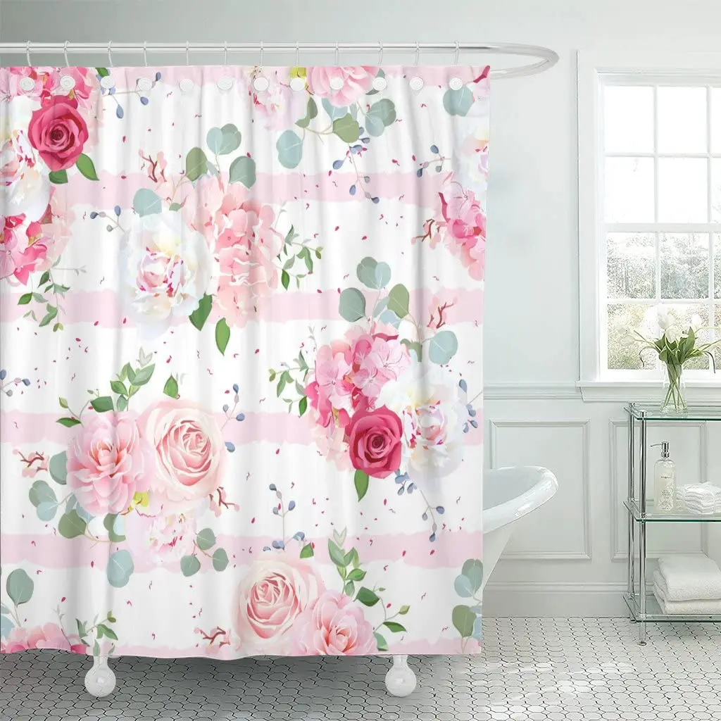 Small Romantic French Bouquets Red Pink Rose White Peony Camellia Hydrangea Waterproof Curtains 60