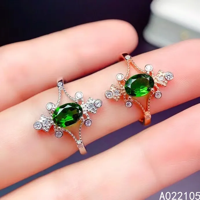 

KJJEAXCMY fine jewelry 925 sterling silver inlaid Natural Diopside women classic elegant oval adjustable gem ring support detect