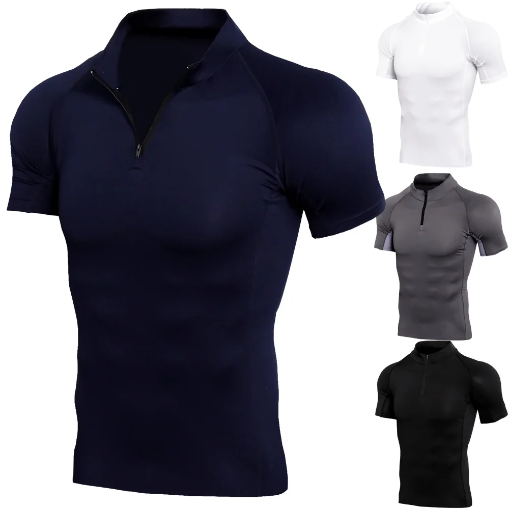 Mens Running Compression Shirt Dry Fit Short Sleeve V-Neck Tee Tops Jogging Bodybuilding Sportswear Gym Fitness Workout T Shirts