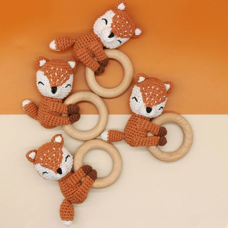 1pc BPA Free DIY Crochet Elk Fox Baby Teether Wooden Teether Ring Rattle Newborn Teething Nursing Soother Molar Educational Toys