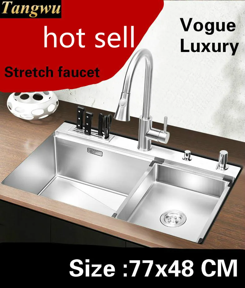 Free shipping Kitchen manual sink single trough stretch faucet 304 stainless steel push-button drainer hot sell 770x480 MM